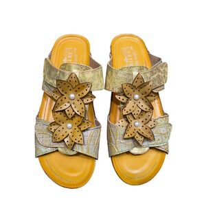 LArtiste Spring Step Karina Sandals Womens‎ 49 Yellow Leather Floral Slide NEW